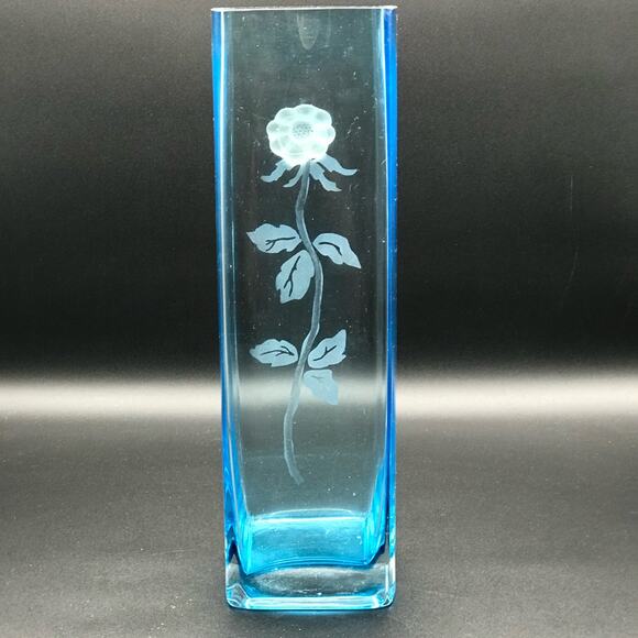 Vintage Royal Danube Square Blue Crystal Applied Flower Table Vase 13” Rare - Picture 4 of 9